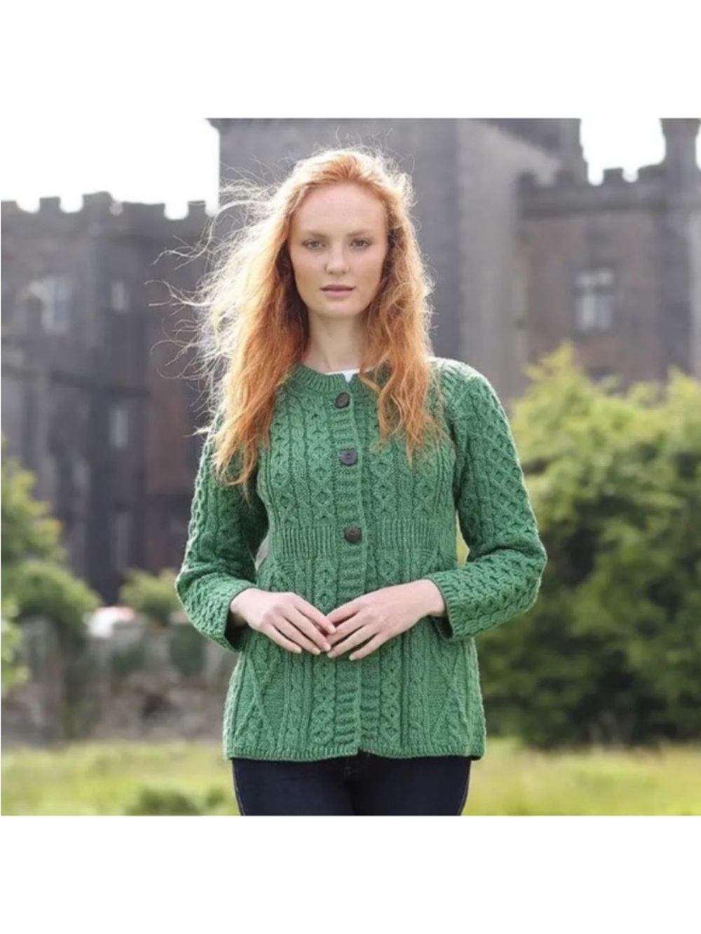 Kilronan Knitwear Sweater Cardigan Fisherman Green Merino Wool Ireland Medium